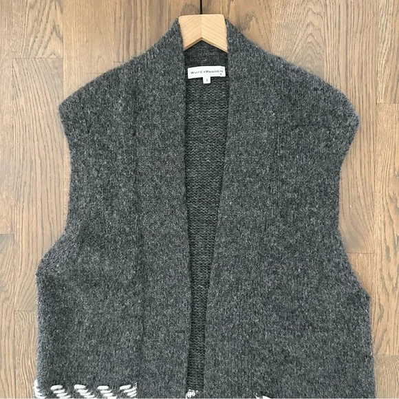 White + Warren Alpaca Jacquard Vest Charcoal Multi Longline Open Front Grey S - Picture 4 of 8